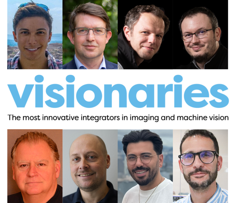 Colour images of eight white men above and below a blue text logo that reads: 'Visionaries - the most innovative integrators in imaging and machine vision'