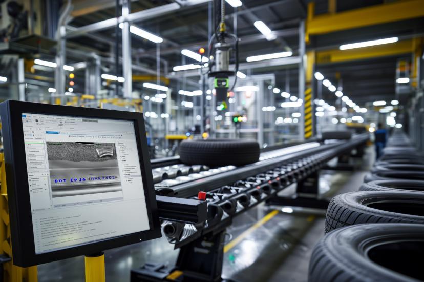 A computer screen next to an assembly line full of tyres