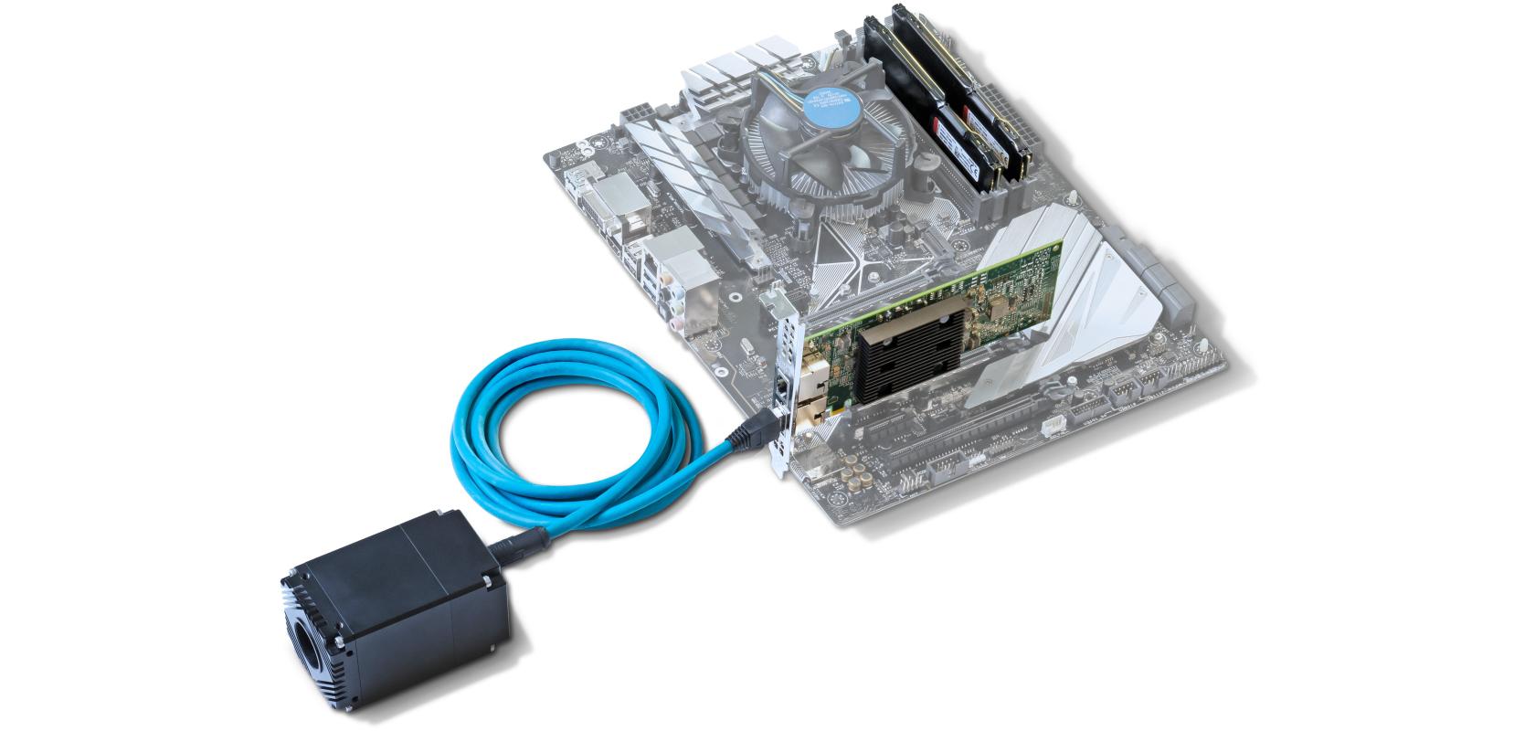 A motherboard with an integrated RDMA card linked to a Lucid Atlas10 camera (Image: Lucid Vision Labs)