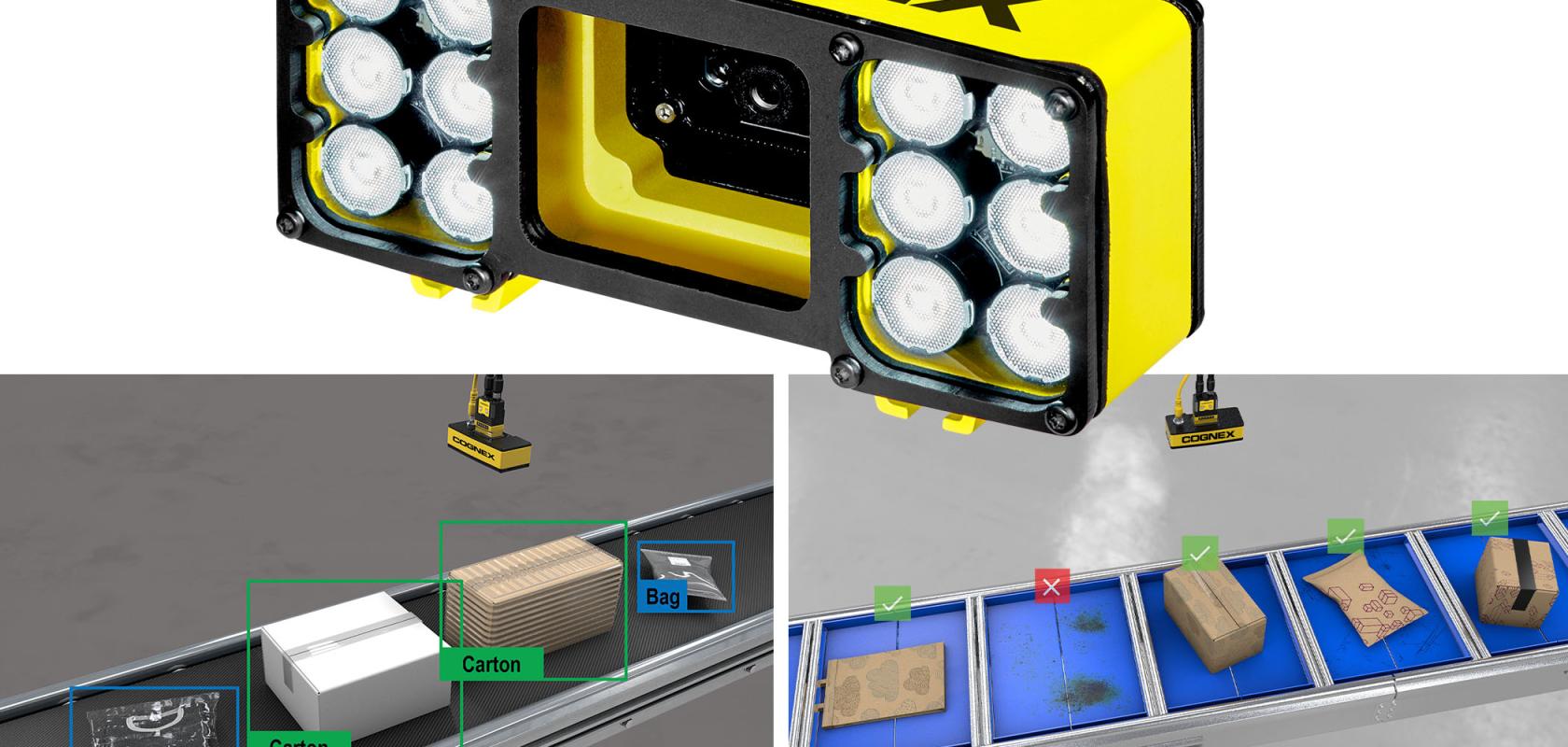 Cognex’s In-Sight 2800 Detector with two inset images of it detecting packages