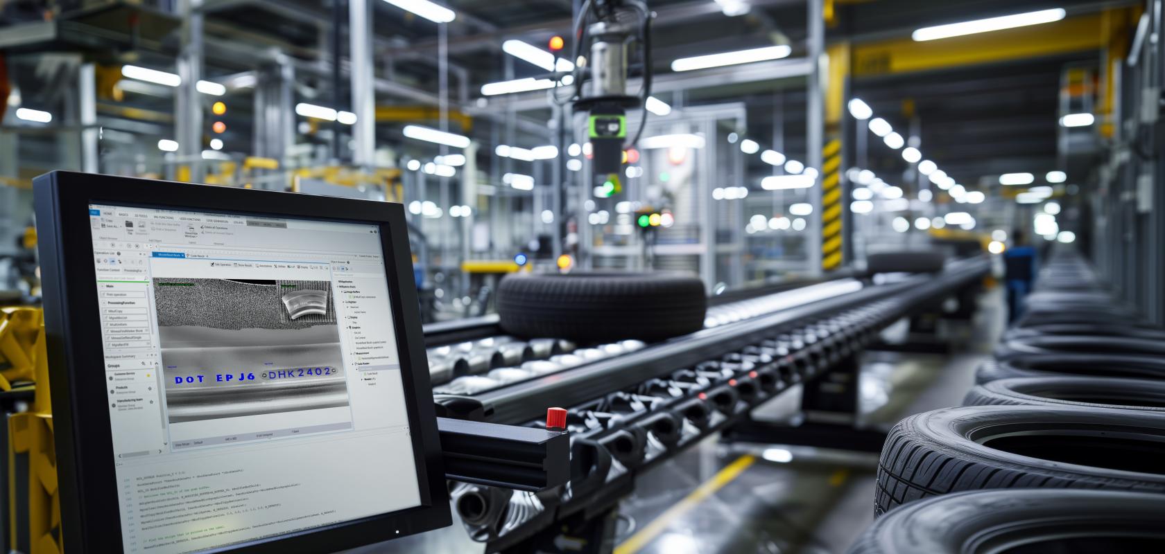 A computer screen next to an assembly line full of tyres