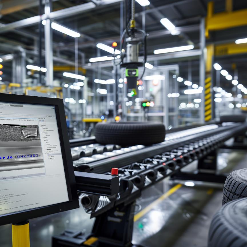 A computer screen next to an assembly line full of tyres