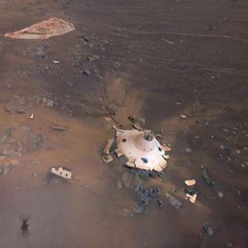 NASA’s Ingenuity helicopter took this image of the Perseverance rover in the Jezero Crater on Mars.
